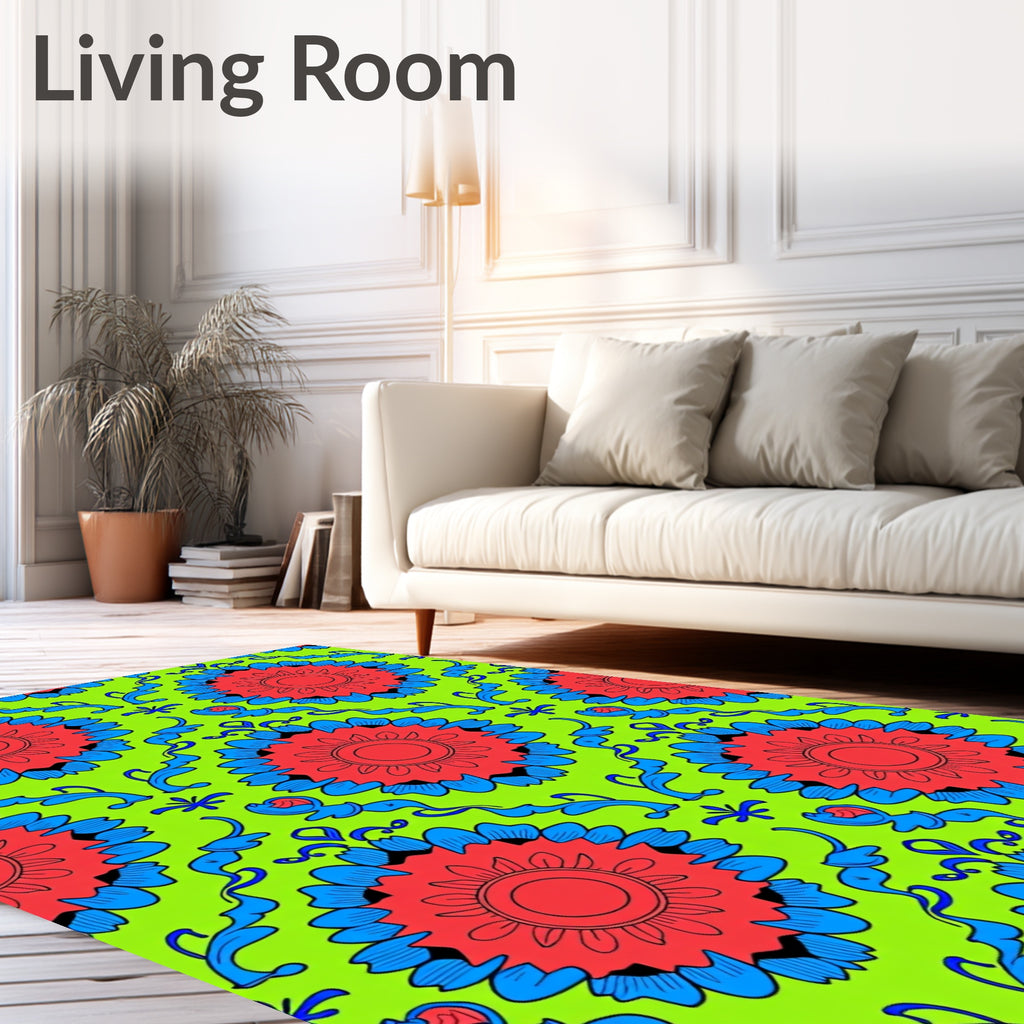 Vibrant Red Blue Floral Swirl Rug