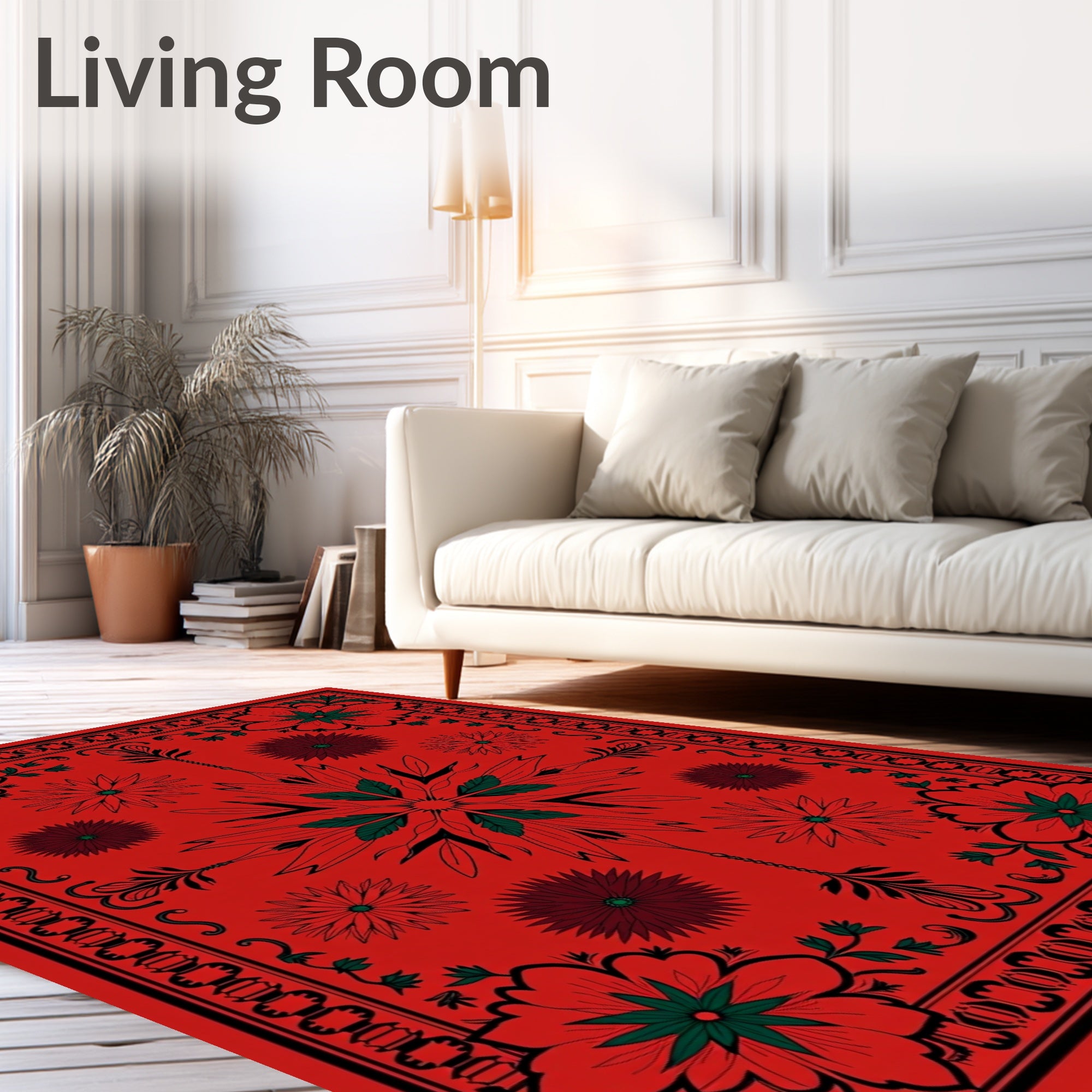 Vibrant Red Floral Medallion Border Rug