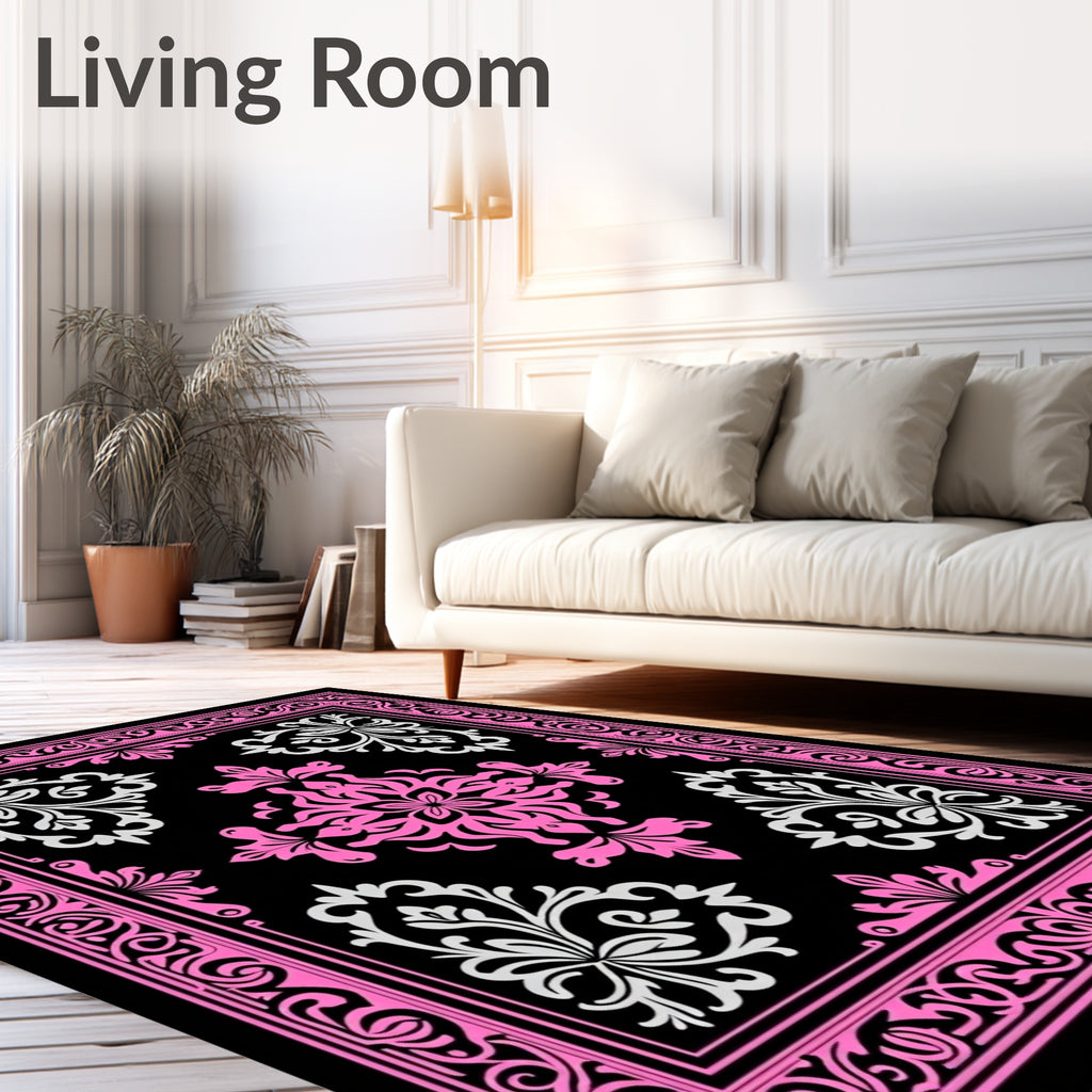 Bright Pink White Floral Medallion Brocade Rug
