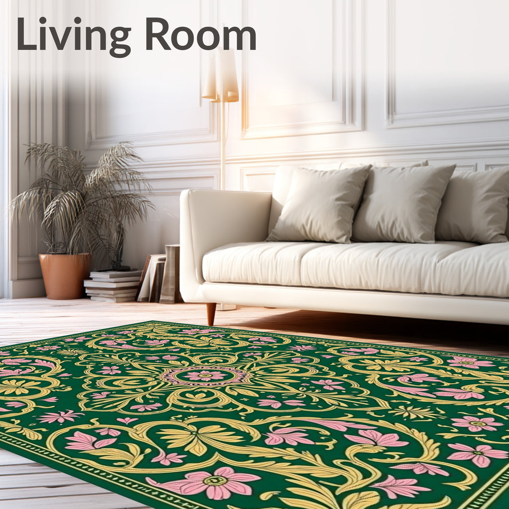 Emerald Pink Golden Floral Scroll Rug