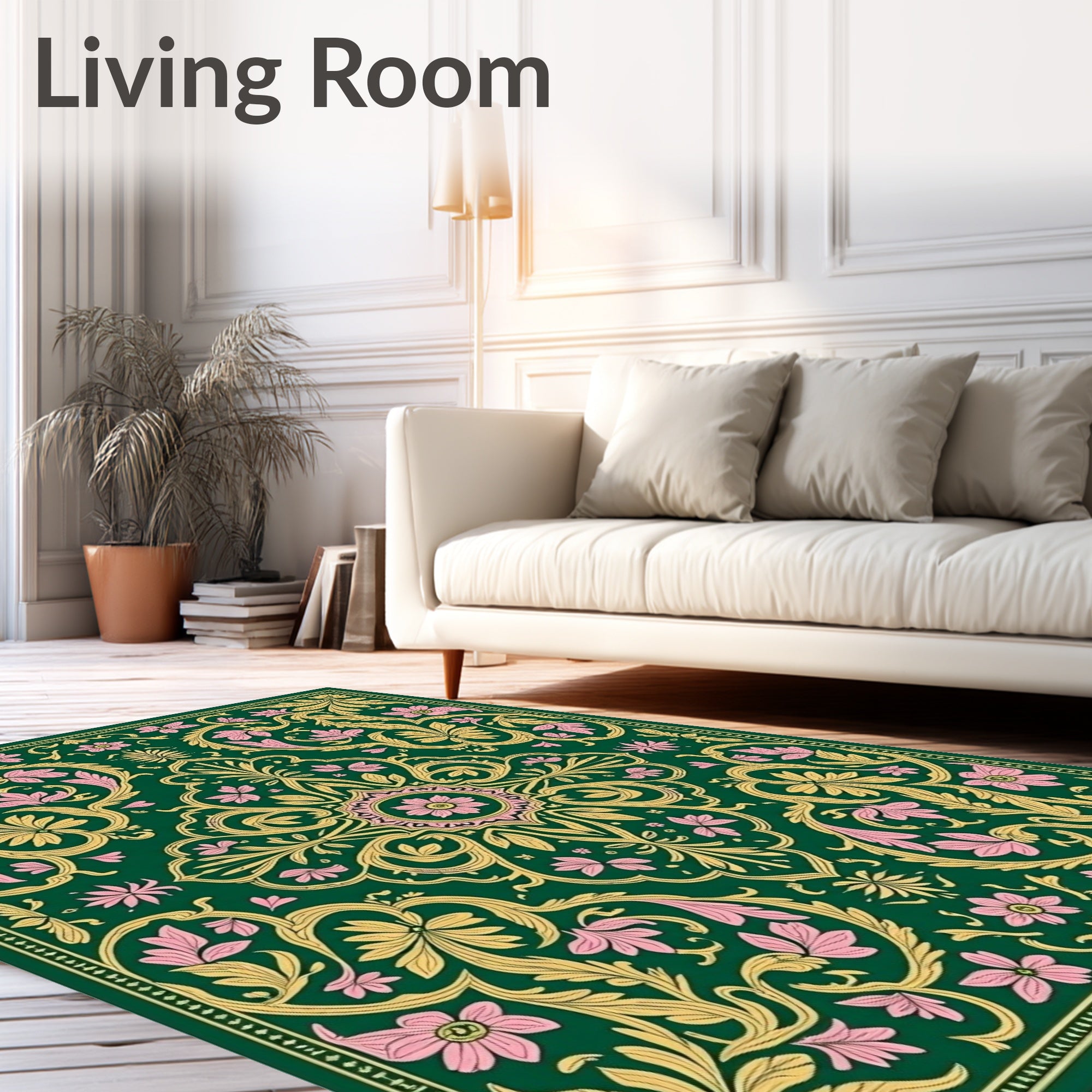 Emerald Pink Golden Floral Scroll Rug