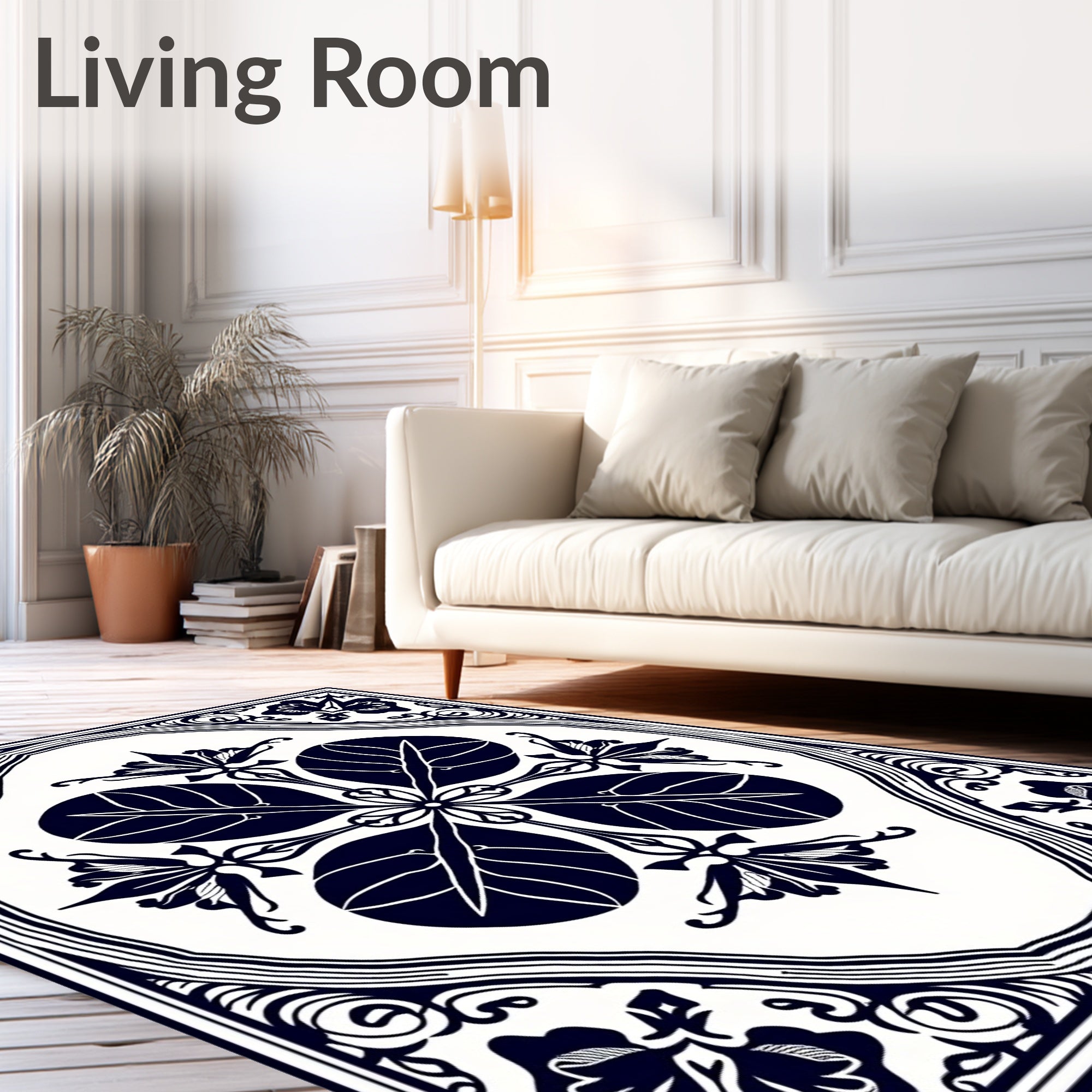 Deep Blue Floral Emblem Square Rug