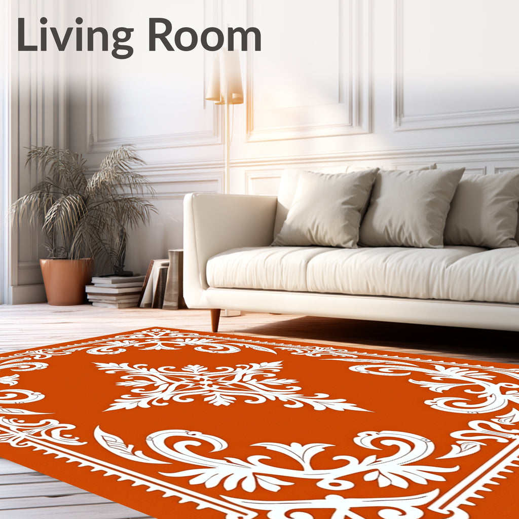 Burnt Orange White Floral Medallion Border Rug