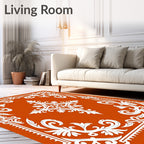 Burnt Orange White Floral Medallion Border Rug