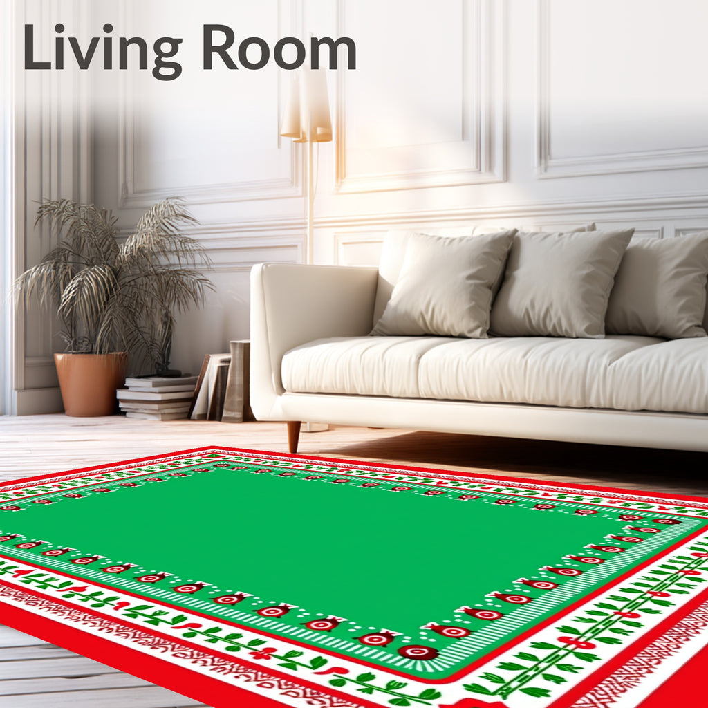 Red Green Folk Art Floral Border Rug