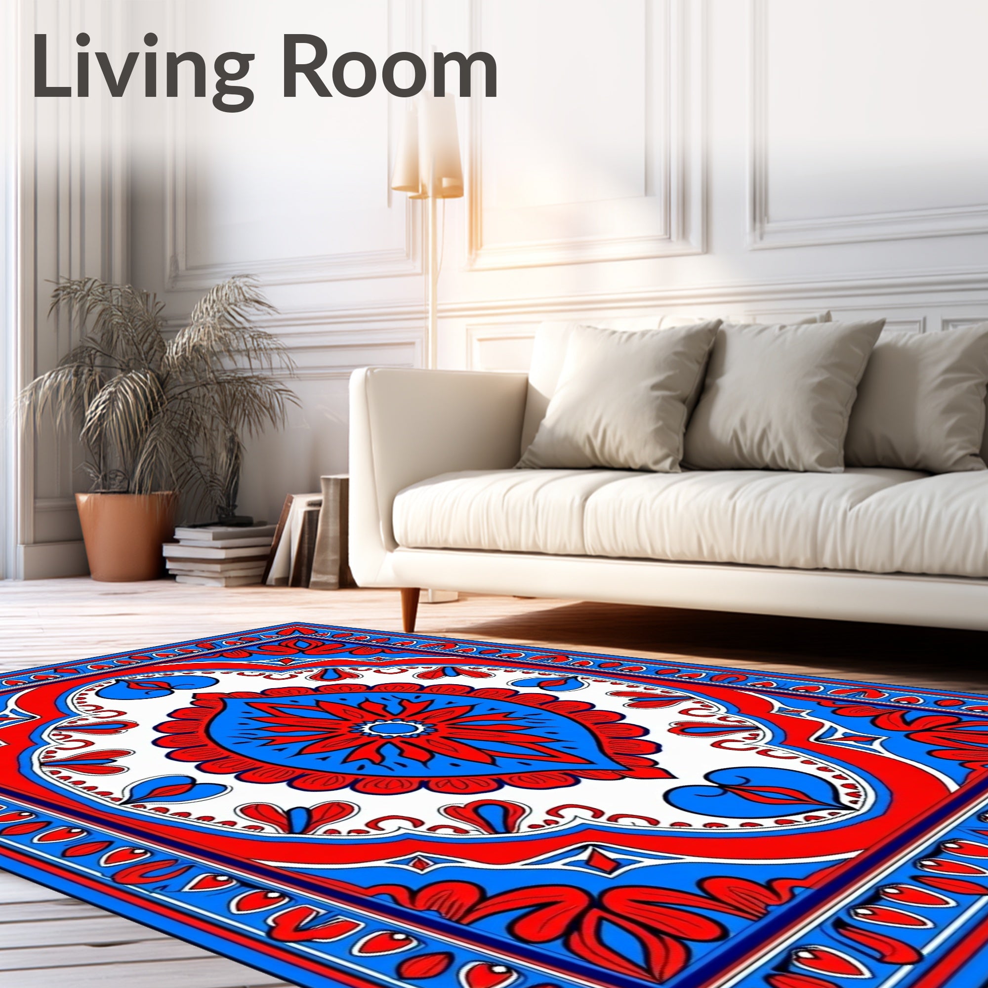 Vibrant Red Blue Floral Medallion Rug