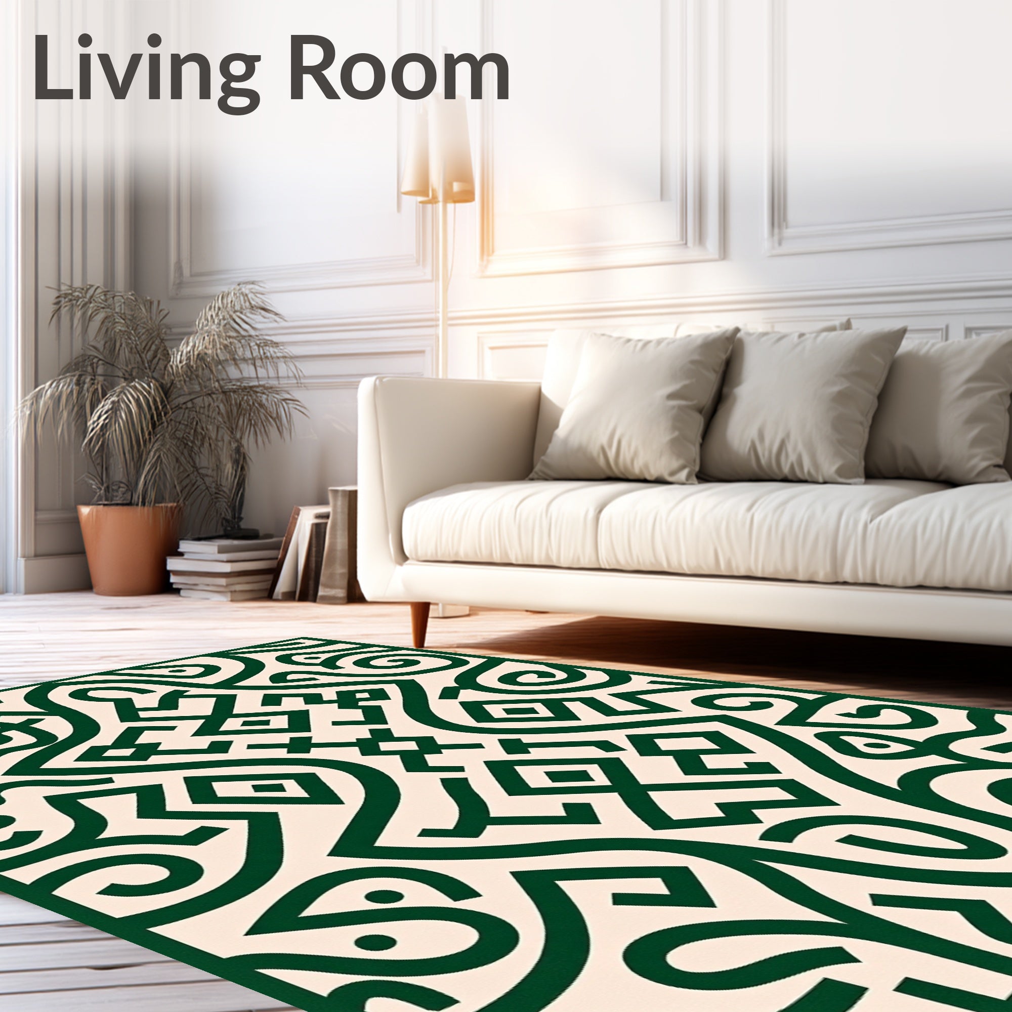 Deep Green Scrollwork Geometric Relief Rug