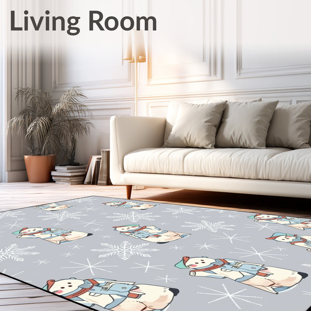 Chubby Snowmen With Snowflakes Gray Background Rug