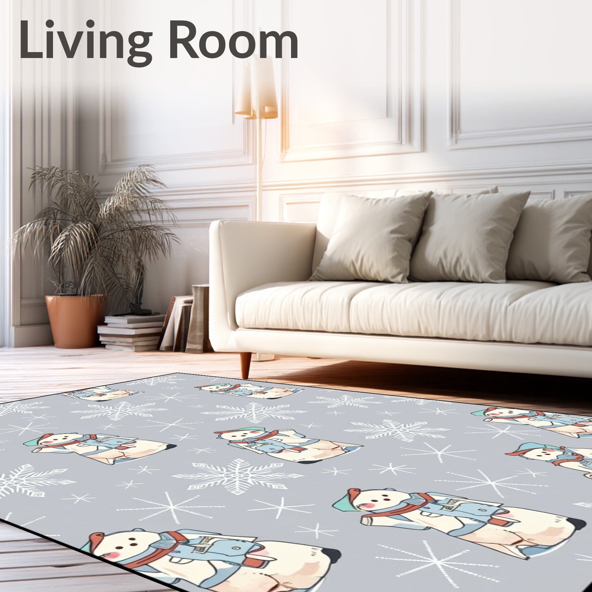 Chubby Snowmen With Snowflakes Gray Background Rug