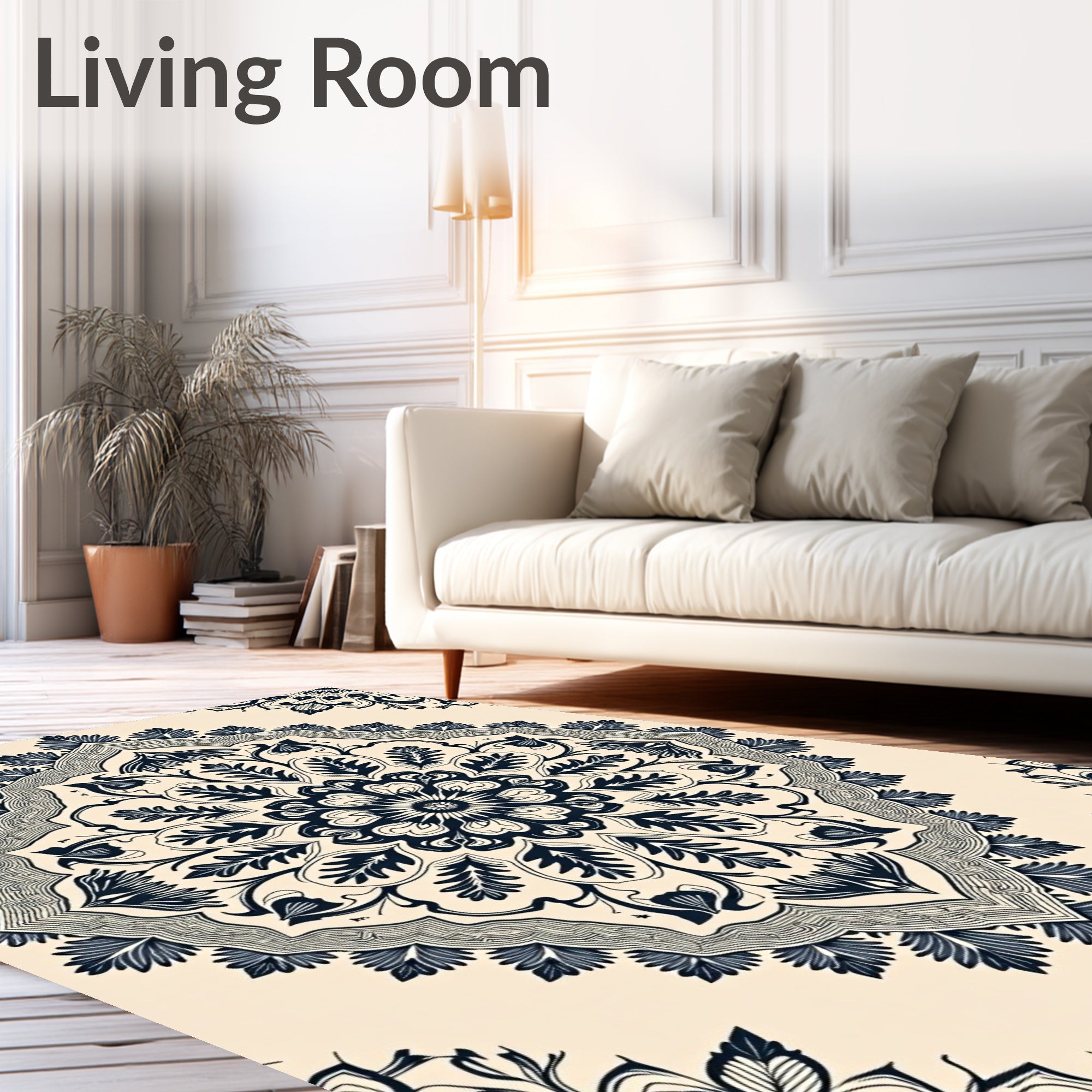 Creamy Navy Floral Mandala Rug