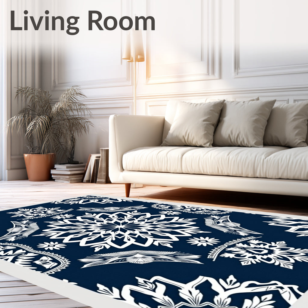 Midnight Navy White Floral Medallion Rug