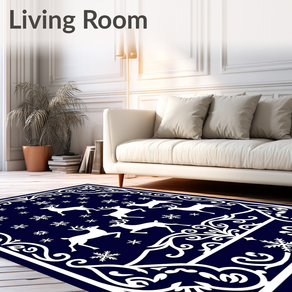 Midnight Blue Deer Snowflake Border Rug