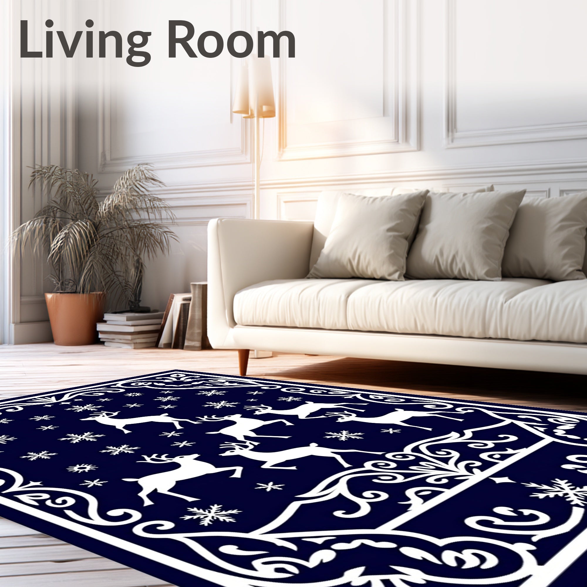 Midnight Blue Deer Snowflake Border Rug
