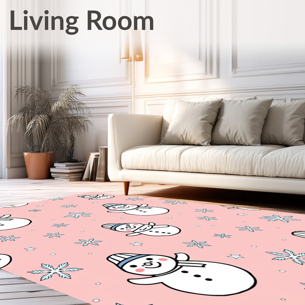 Pink Snowman Snowflakes Whimsical Fabric Rug