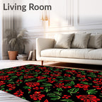 Crimson Red Floral Garden Black Rug