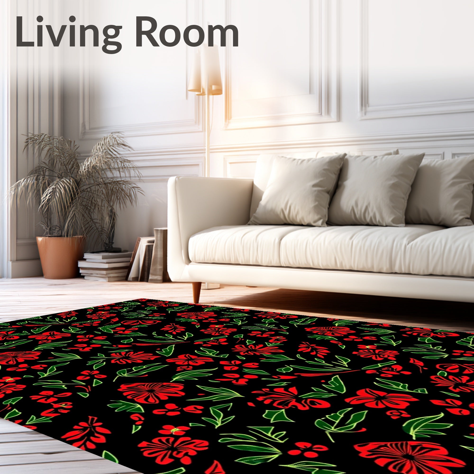 Crimson Red Floral Garden Black Rug
