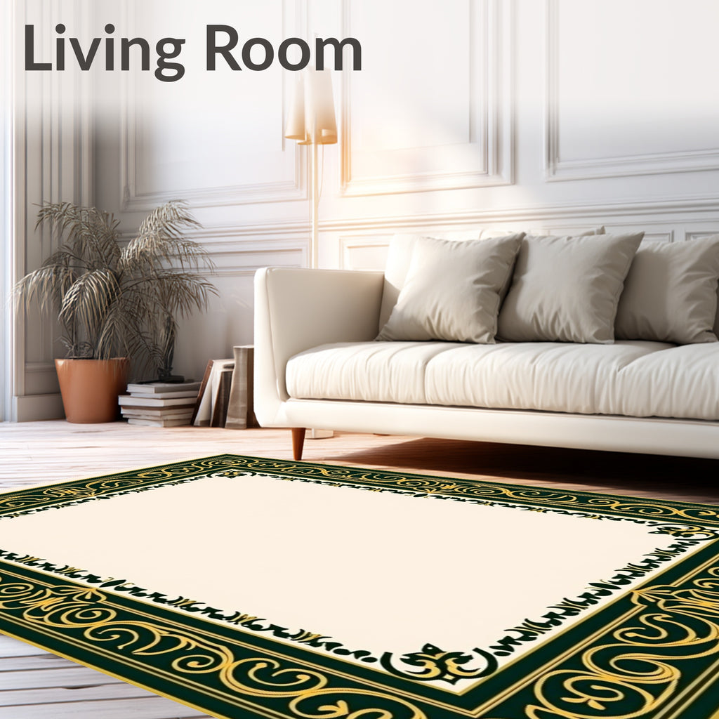 Ornate Gold and Emerald Scroll Border Rug
