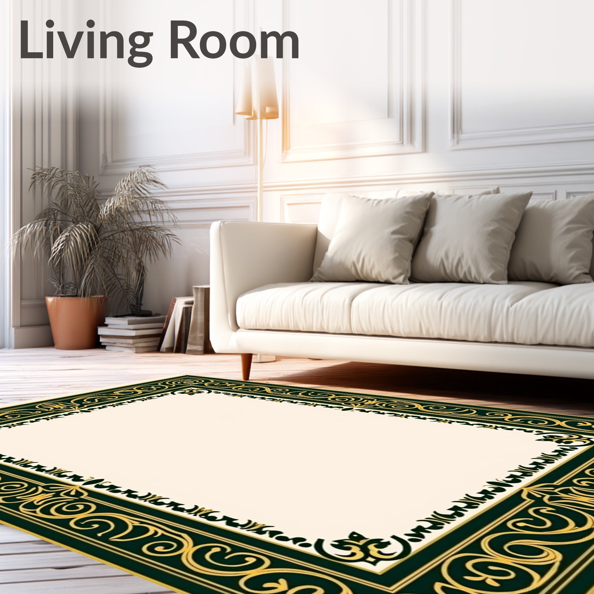 Ornate Gold and Emerald Scroll Border Rug