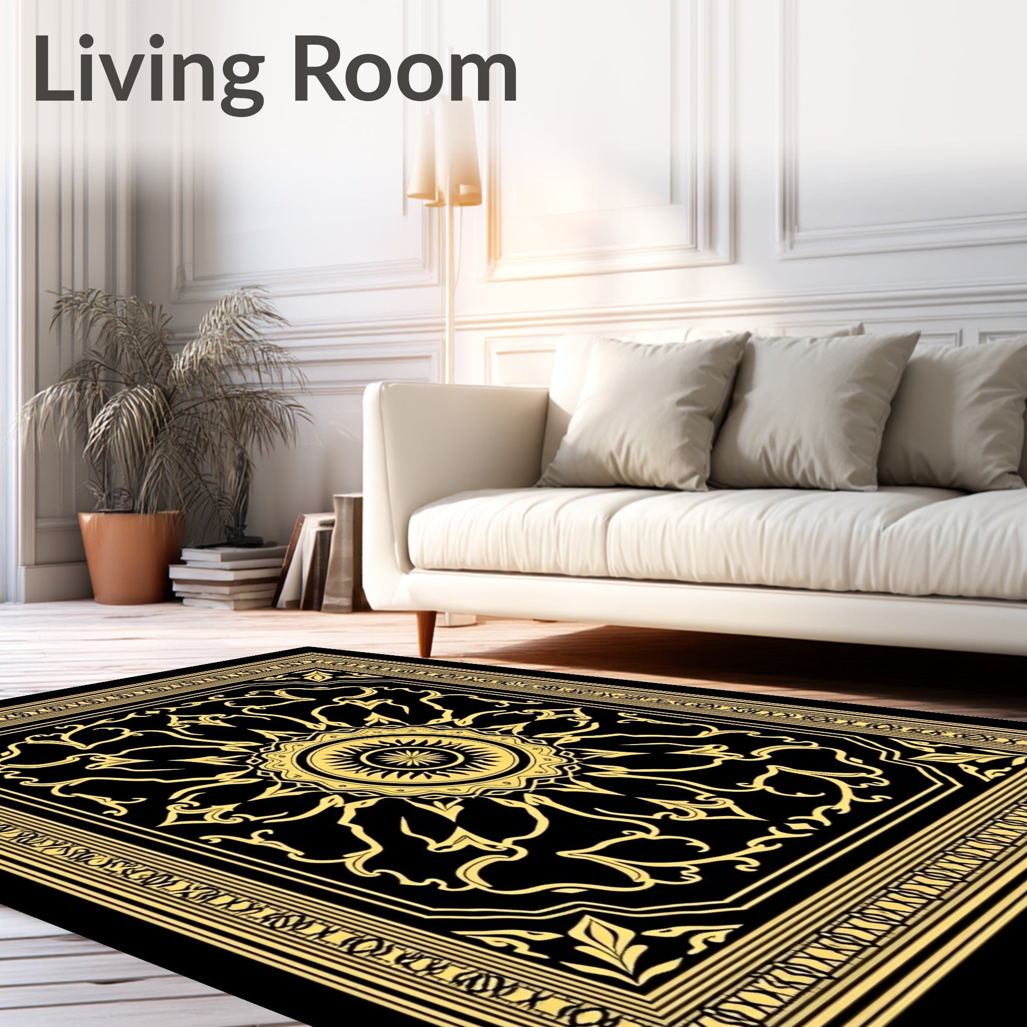 Gold Sunburst Medallion Black Rug