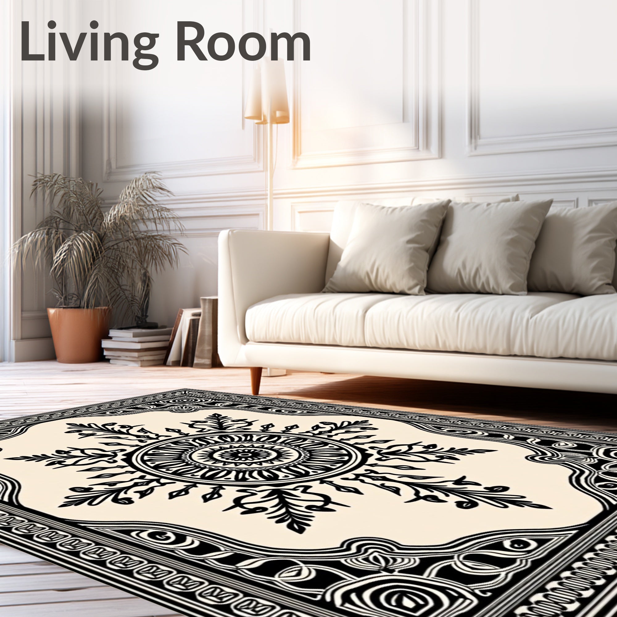 Ornate Black Cream Mandala Medallion Rug
