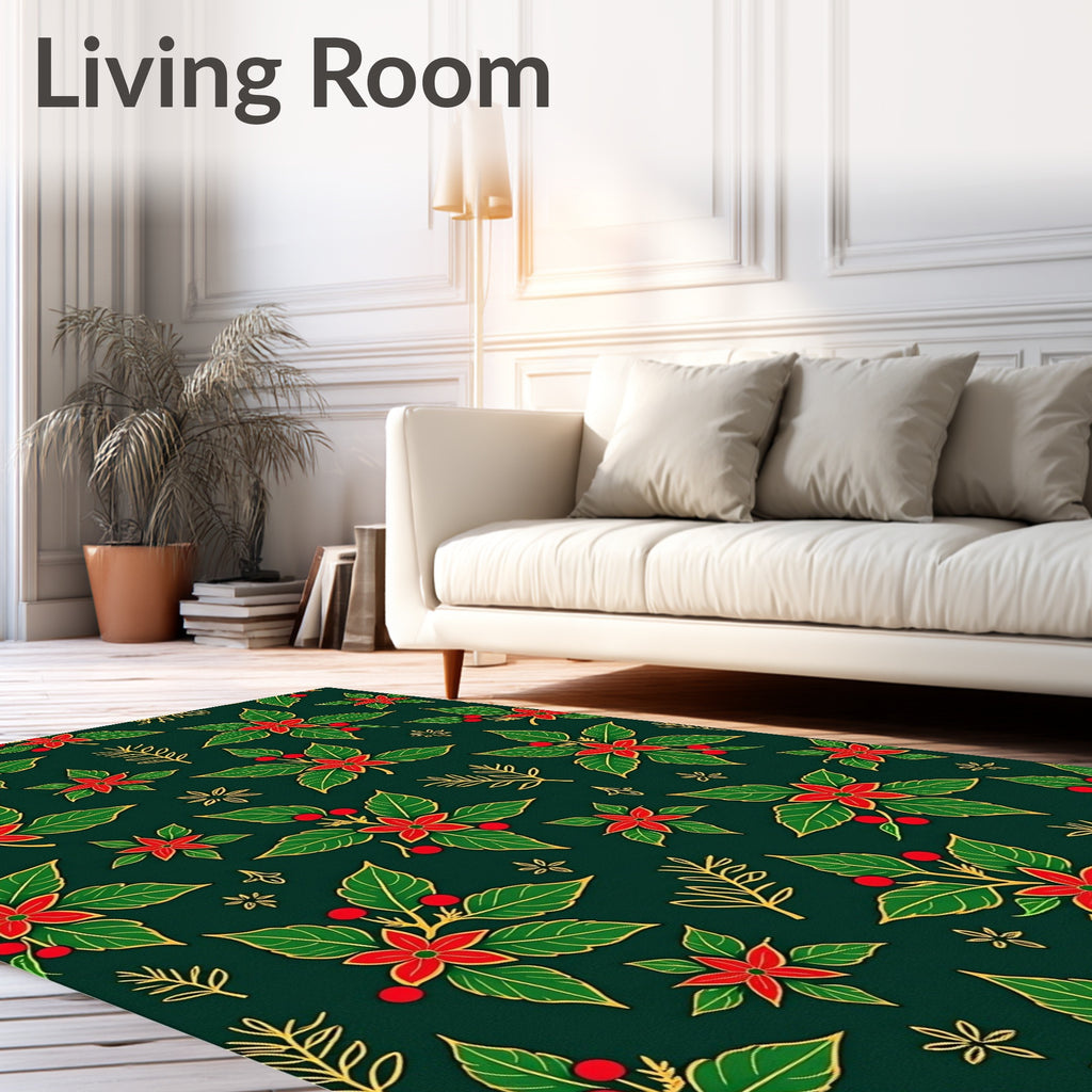 Holiday Poinsettia Red Green Gold Rug