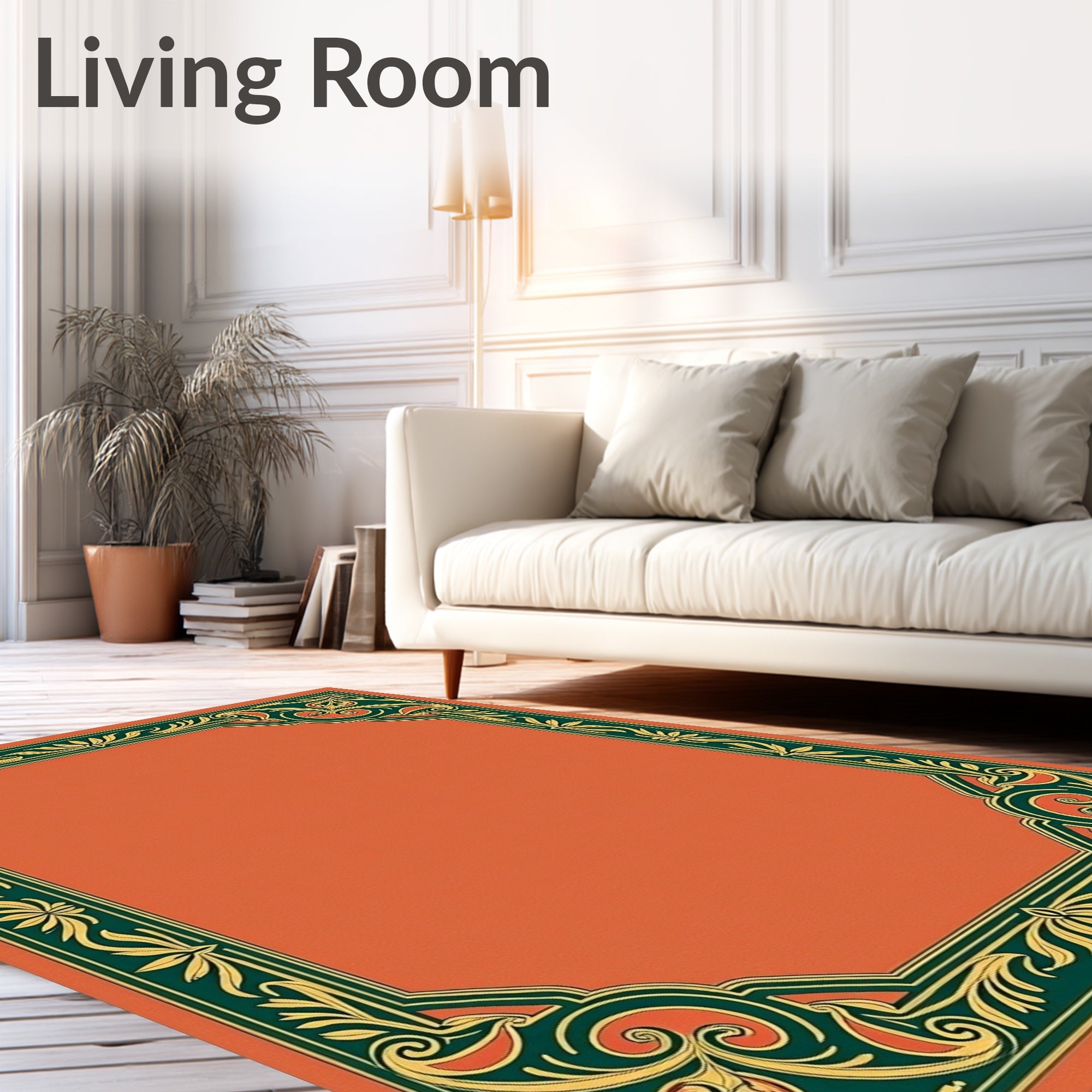 Orange Green Gold Floral Scroll Border Rug
