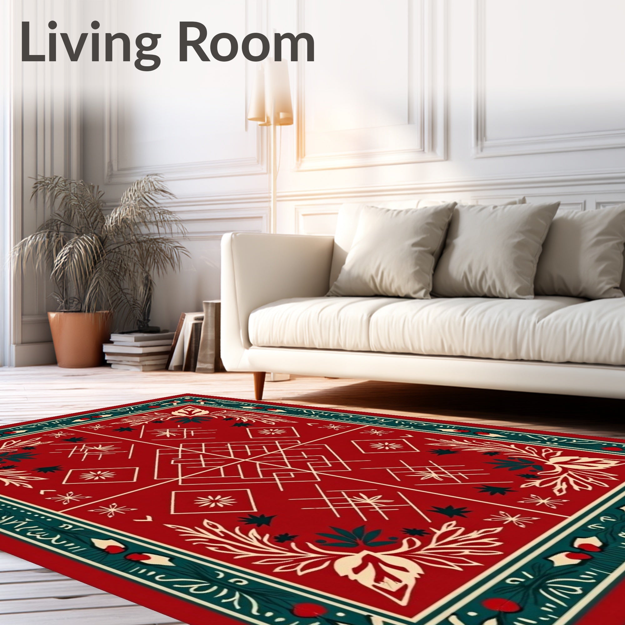 Red Cream Green Folk Floral Geometric Rug