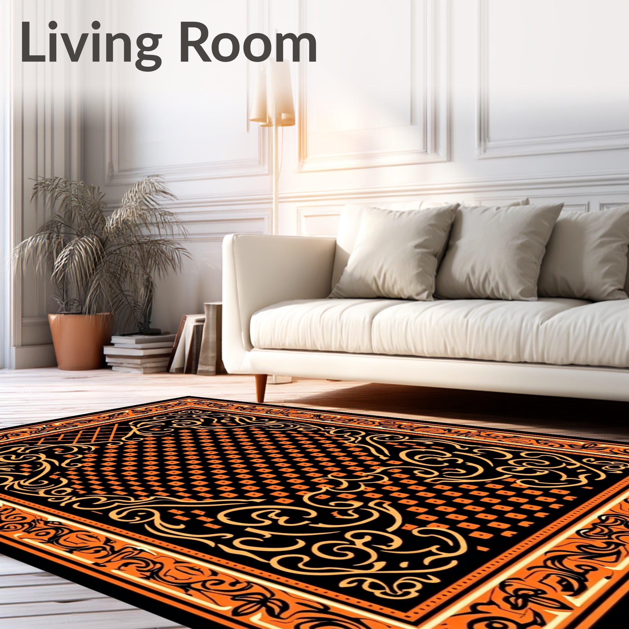 Bold Orange Black Floral Medallion Rug