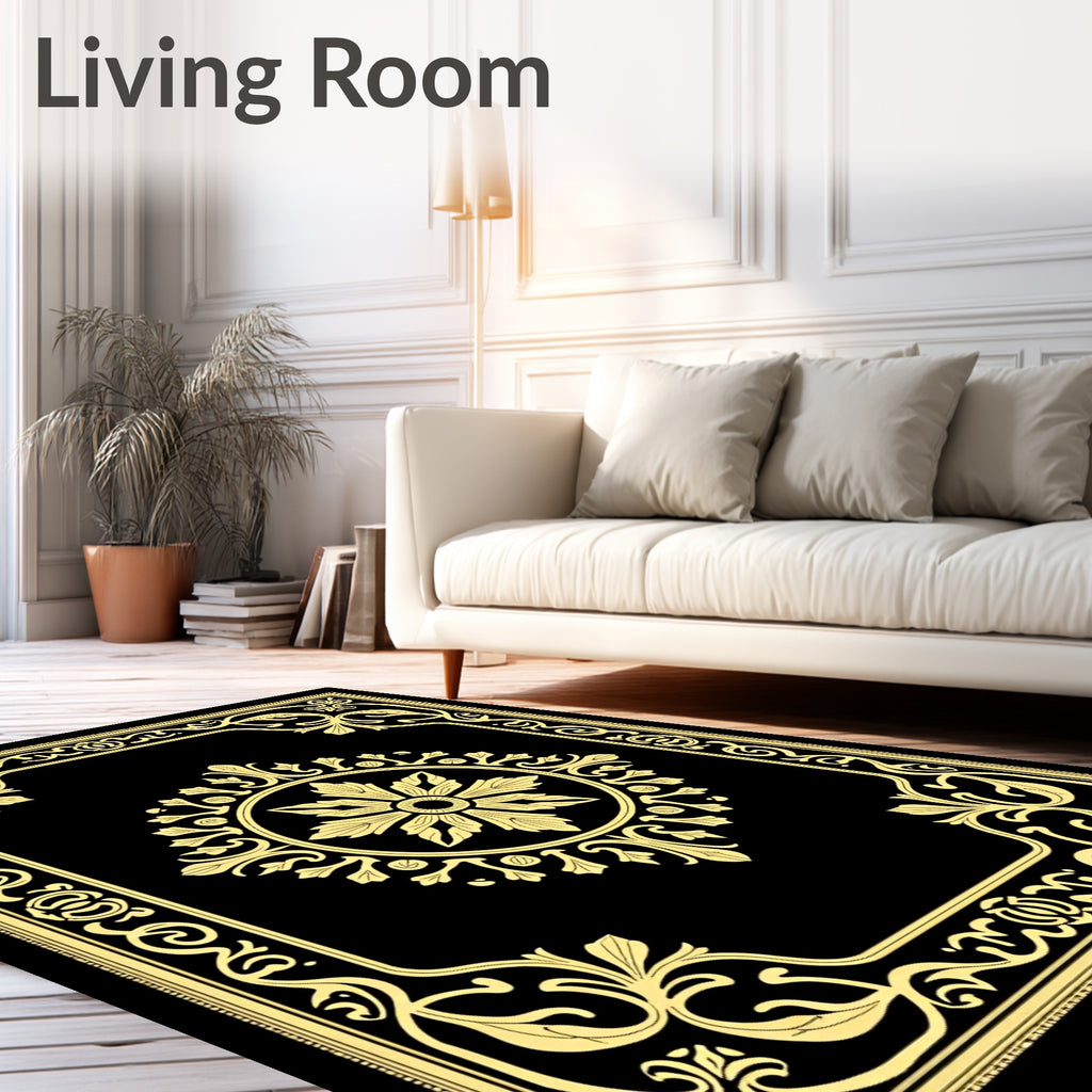 Golden Black Floral Border Medallion Rug
