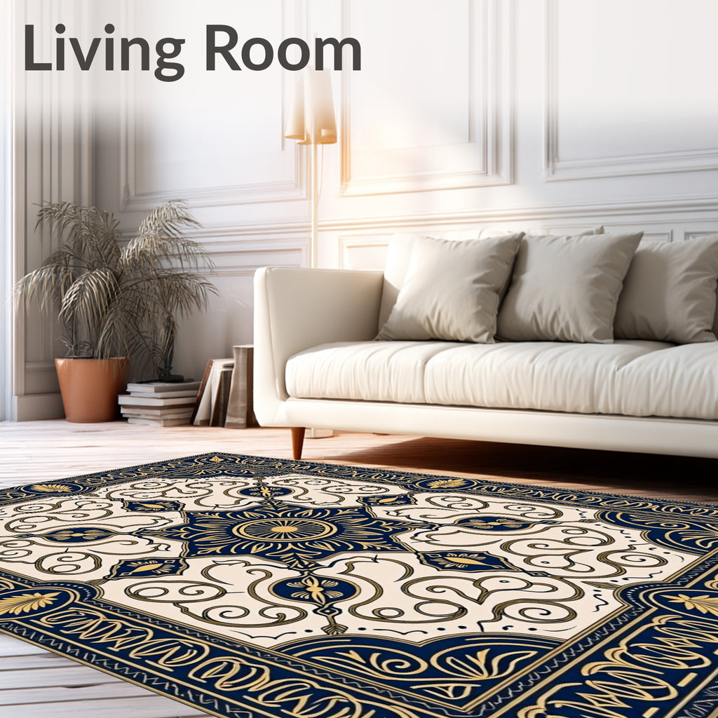 Navy Gold Ornate Floral Medallion Rug