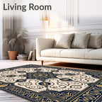 Navy Gold Ornate Floral Medallion Rug