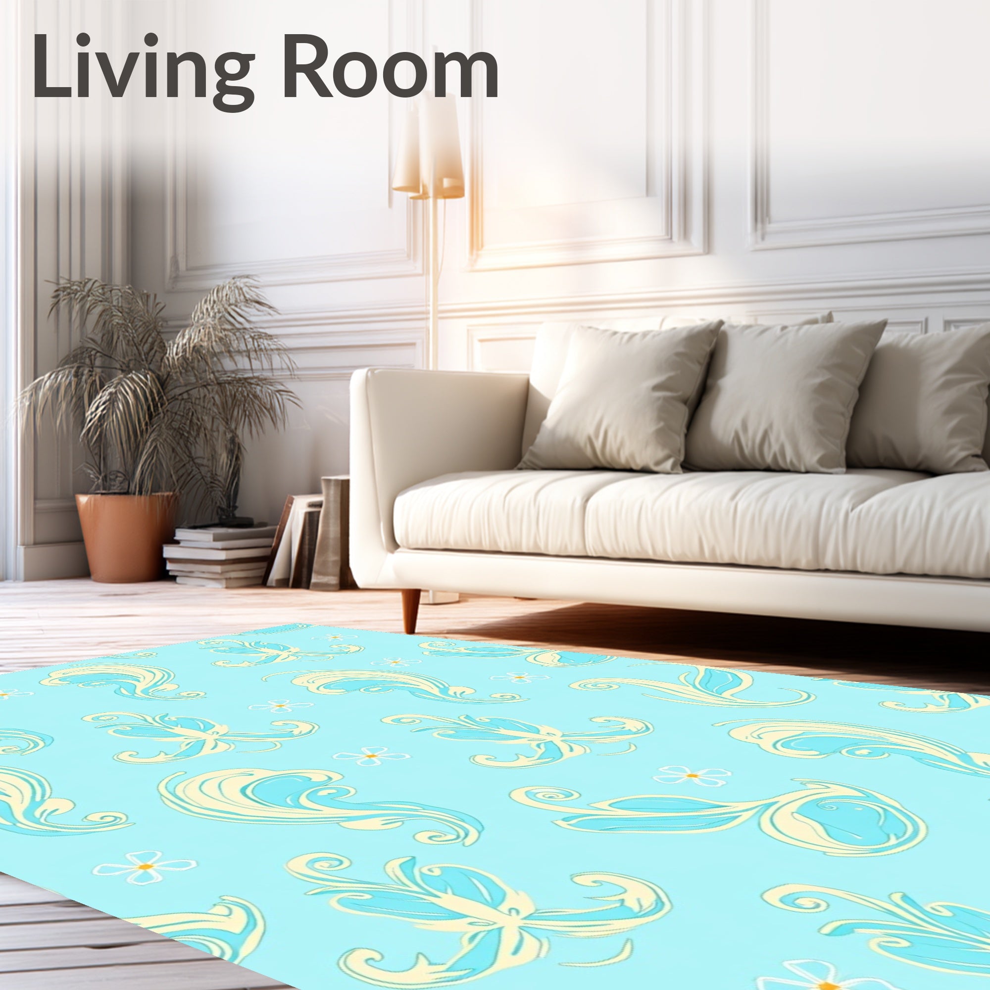 Soft Blue Cream Swirl Floral Repeating Rug