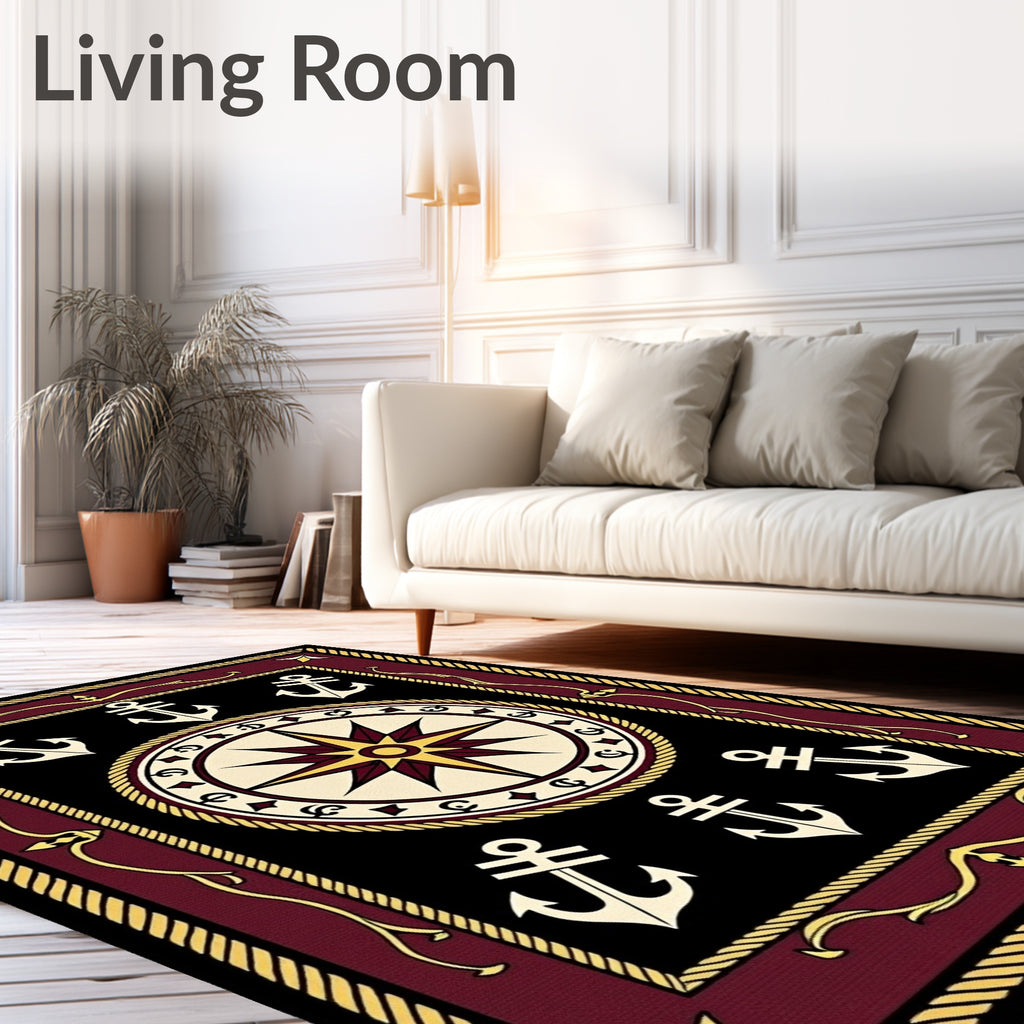 Maroon Compass Anchor Nautical Theme Rug