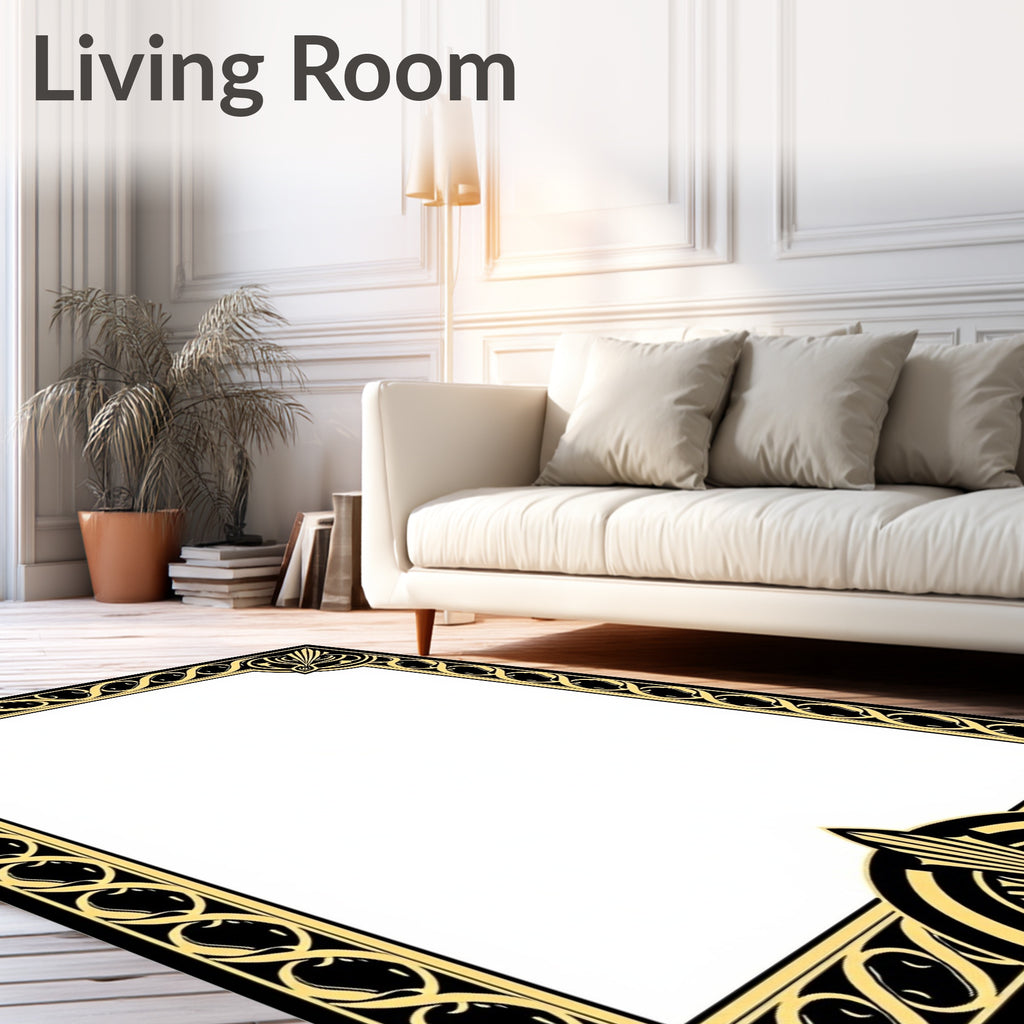 Ornate Black Gold Art Deco Border Rug
