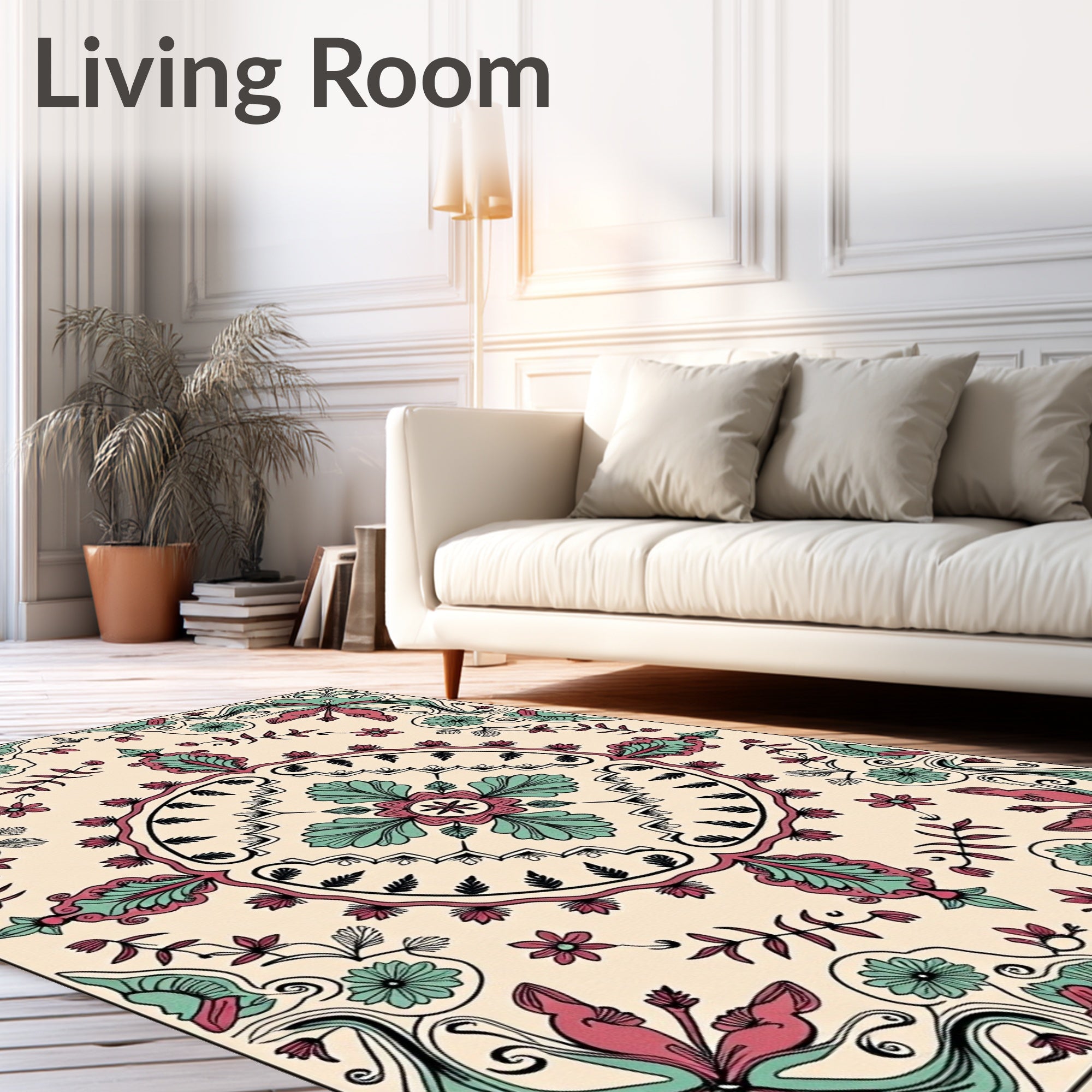 Crimson Teal Floral Medallion Border Rug