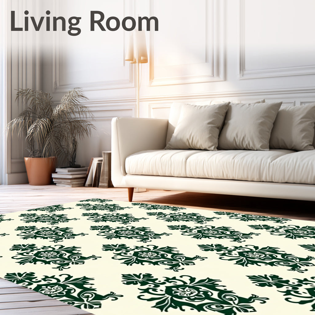 Dark Green Crested Damask Cream Background Rug