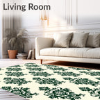 Dark Green Crested Damask Cream Background Rug