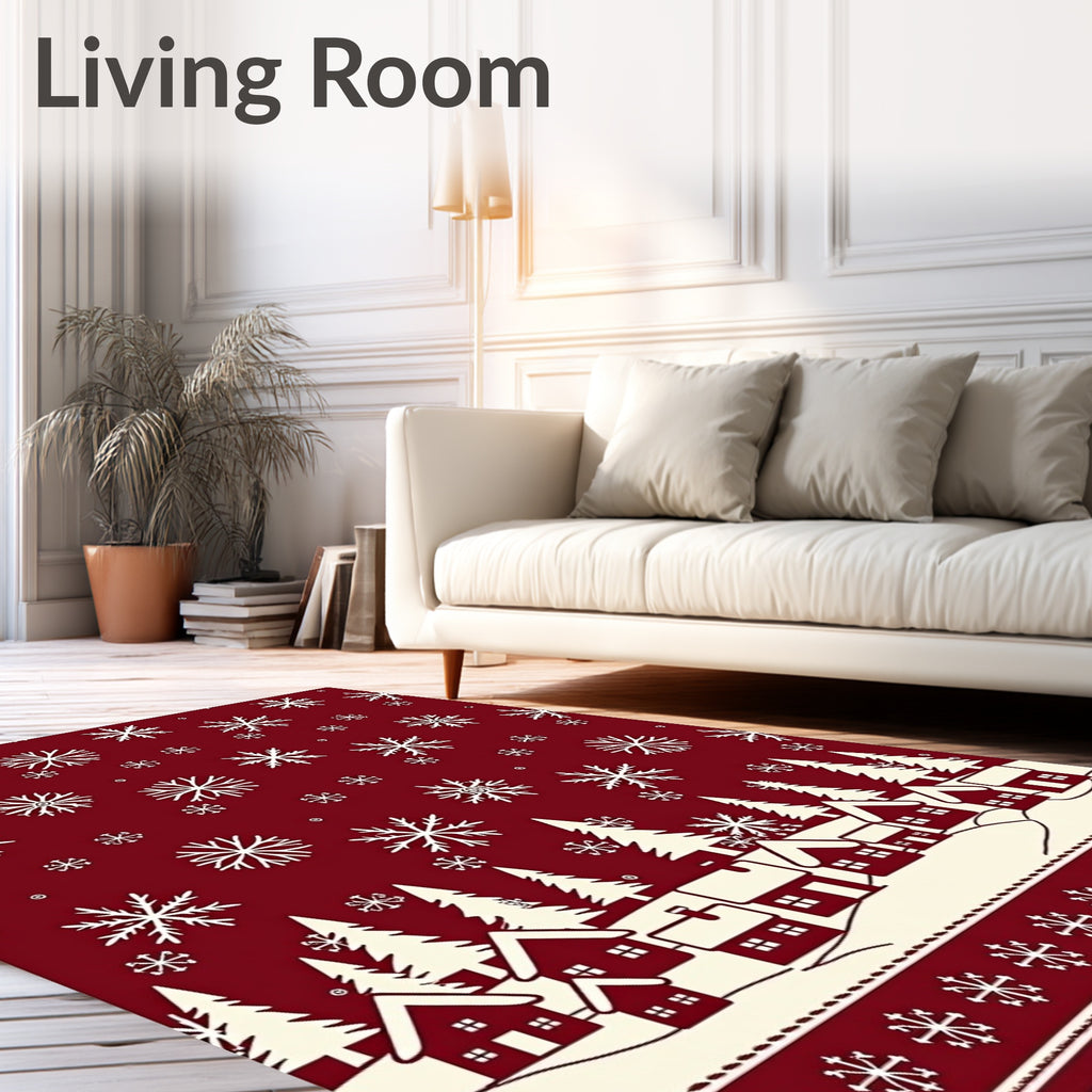 Crimson White Snowflake Village Scene Rug