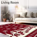 Crimson White Snowflake Village Scene Rug