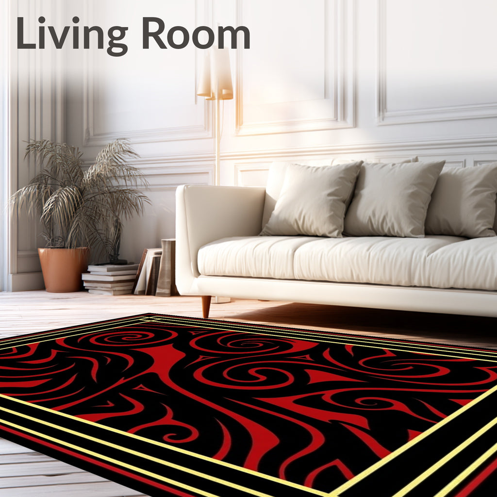 Crimson Swirls Black Abstract Rug