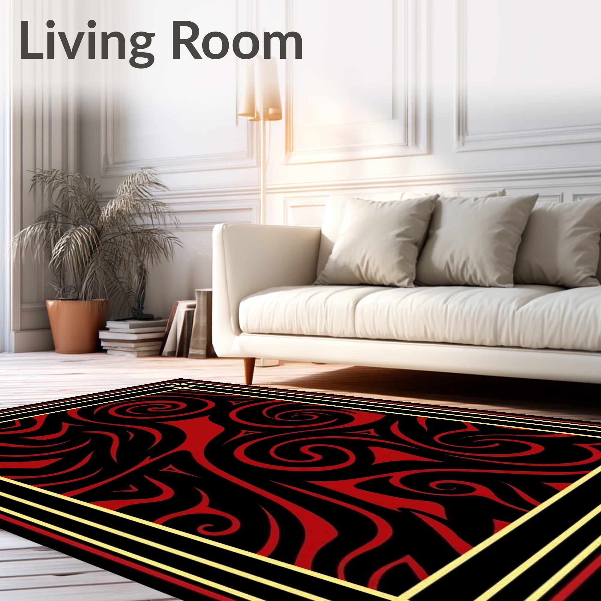Crimson Swirls Black Abstract Rug