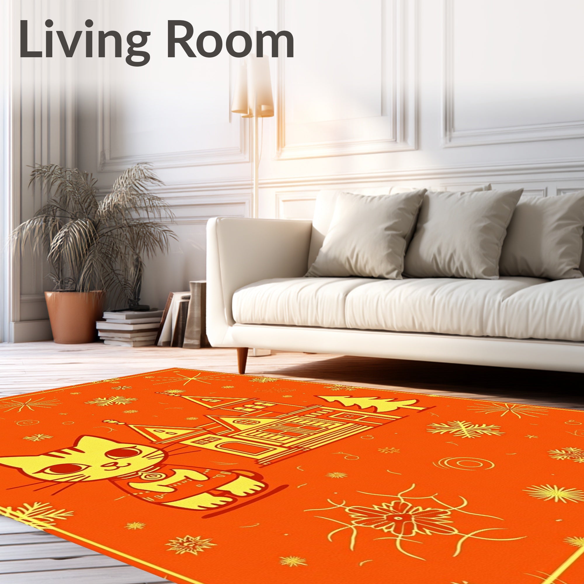 Retro Yellow Cat Meets Winter Village Rug