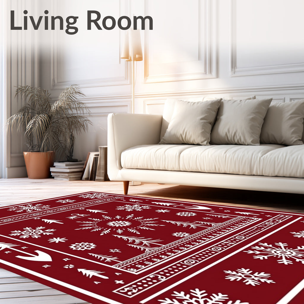 Deep Red Winter Forest Snowflake Rug