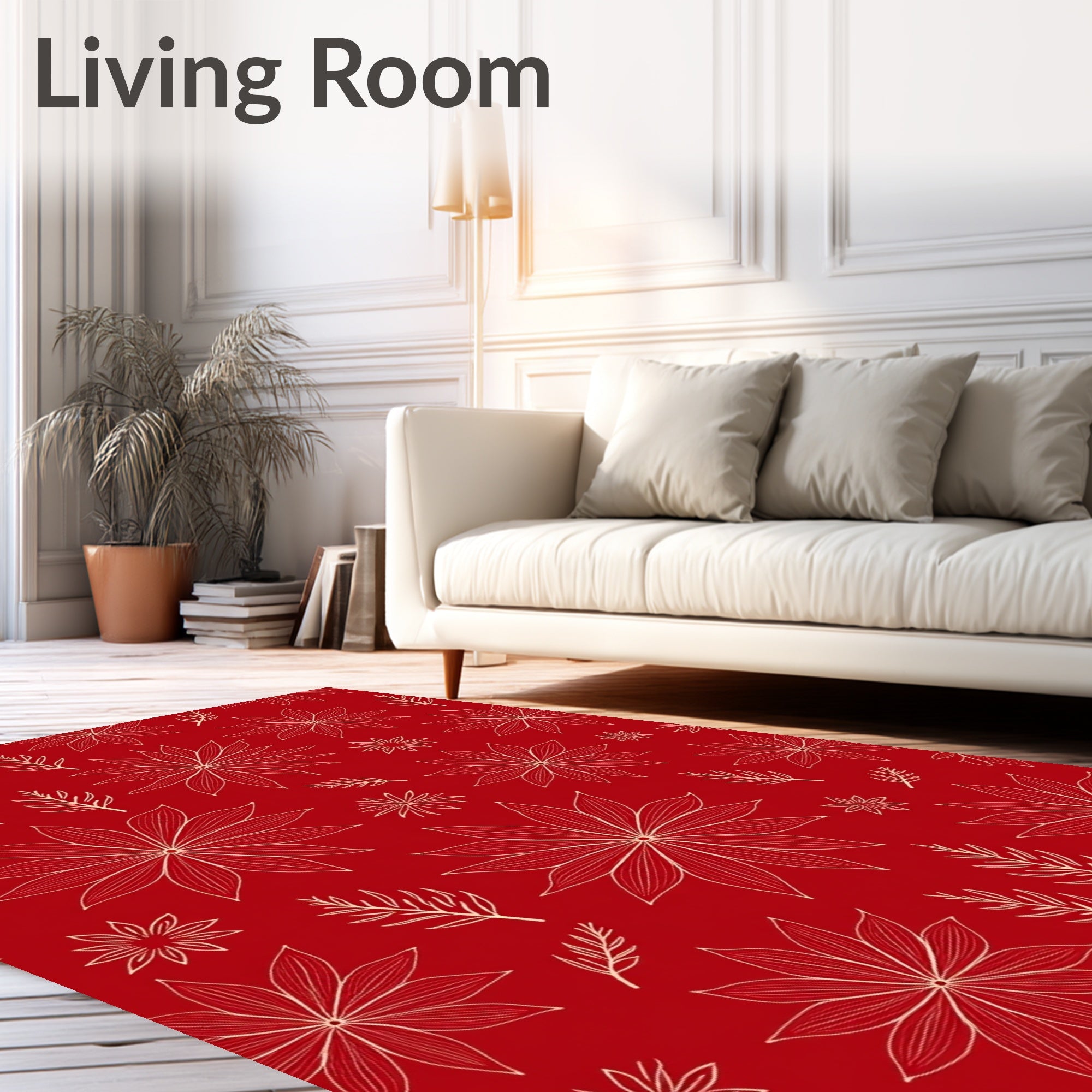Crimson Poinsettia Floral Line Art Rug