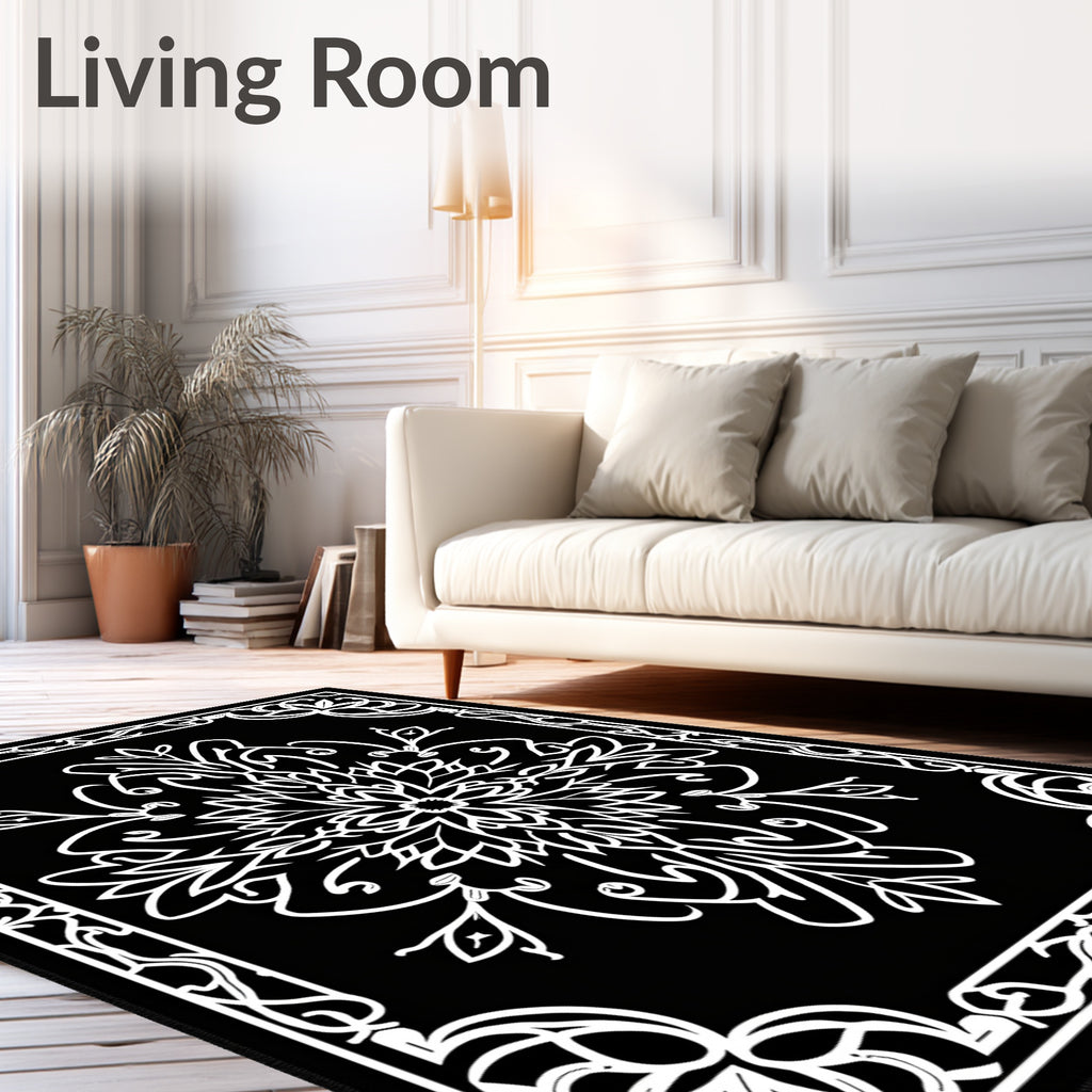 Black White Floral Medallion Corners Rug