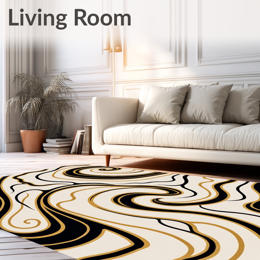 Black Gold Swirl Cream Abstract Rug