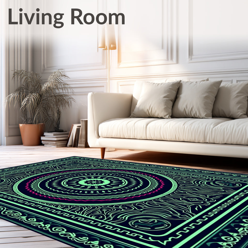 Vibrant Mint Medallion Geometric Border Rug