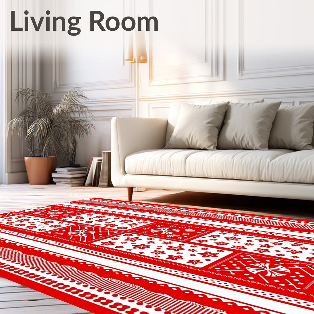 Red White Festive Star Medallion Stripe Rug