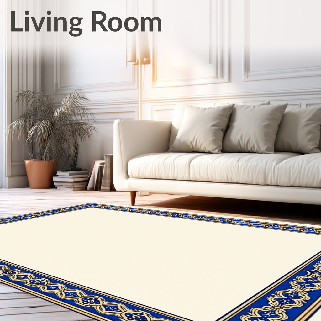 Elegant Blue Gold Damask Border Rug