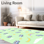 Whimsical Blue Train Stars Rainbow Rug
